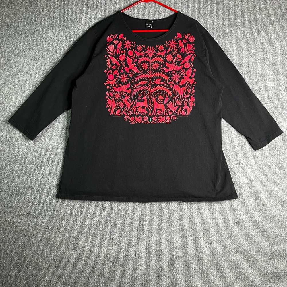 Sabaku Artwear Womens XL Black Red Christmas Huipil Otomi Graphic 3/4 Sleeve Top